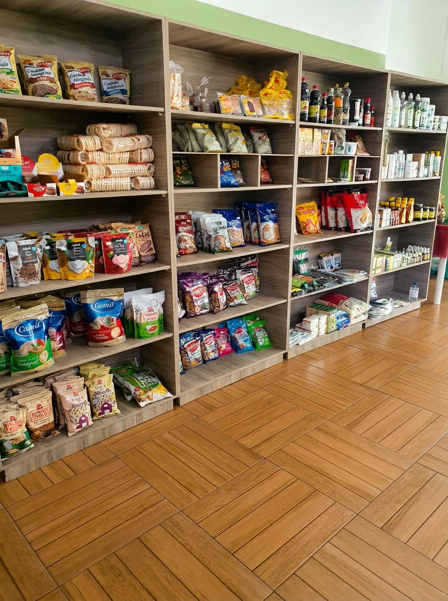 Prateleiras com produtos naturais embalados