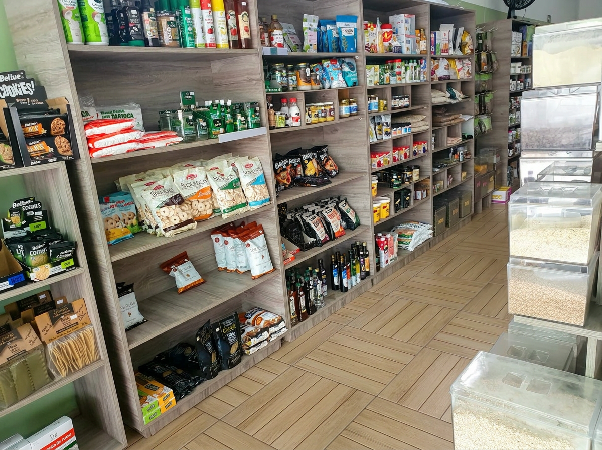 Biscoitos, óleos e temperos na prateleira