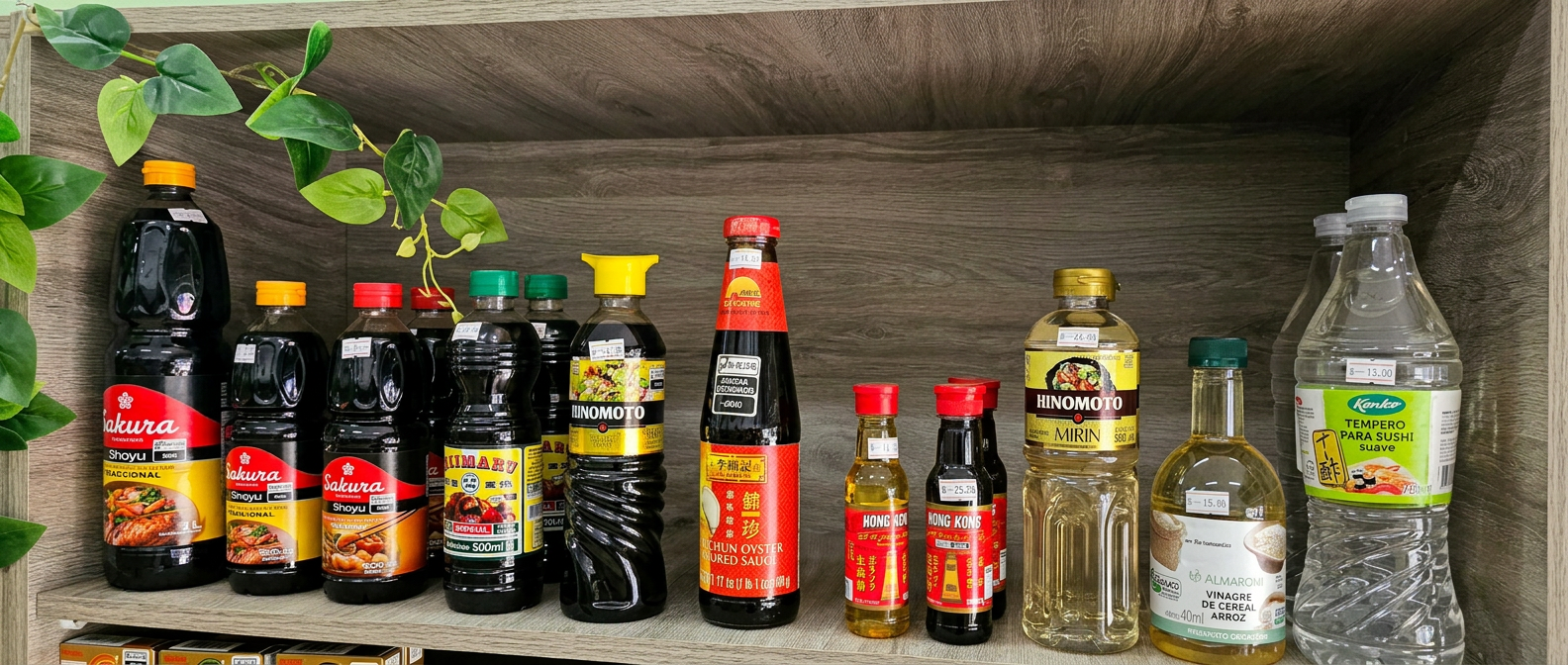 Garrafas de shoyu, mirin e temperos japoneses