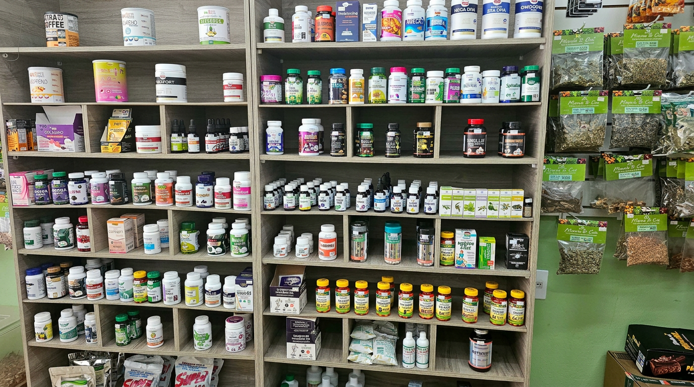 Estante com vitaminas e suplementos