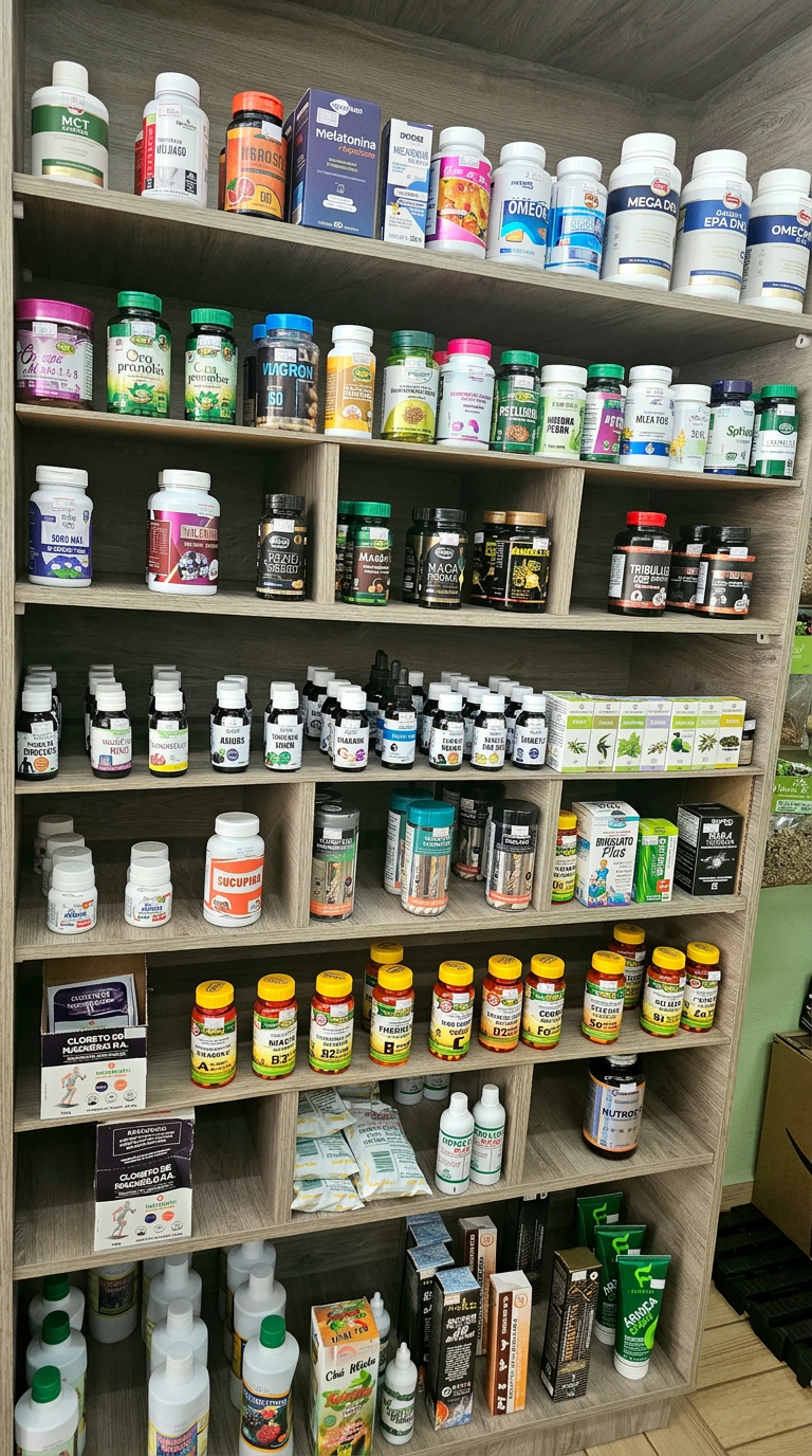 Vitaminas e suplementos na prateleira