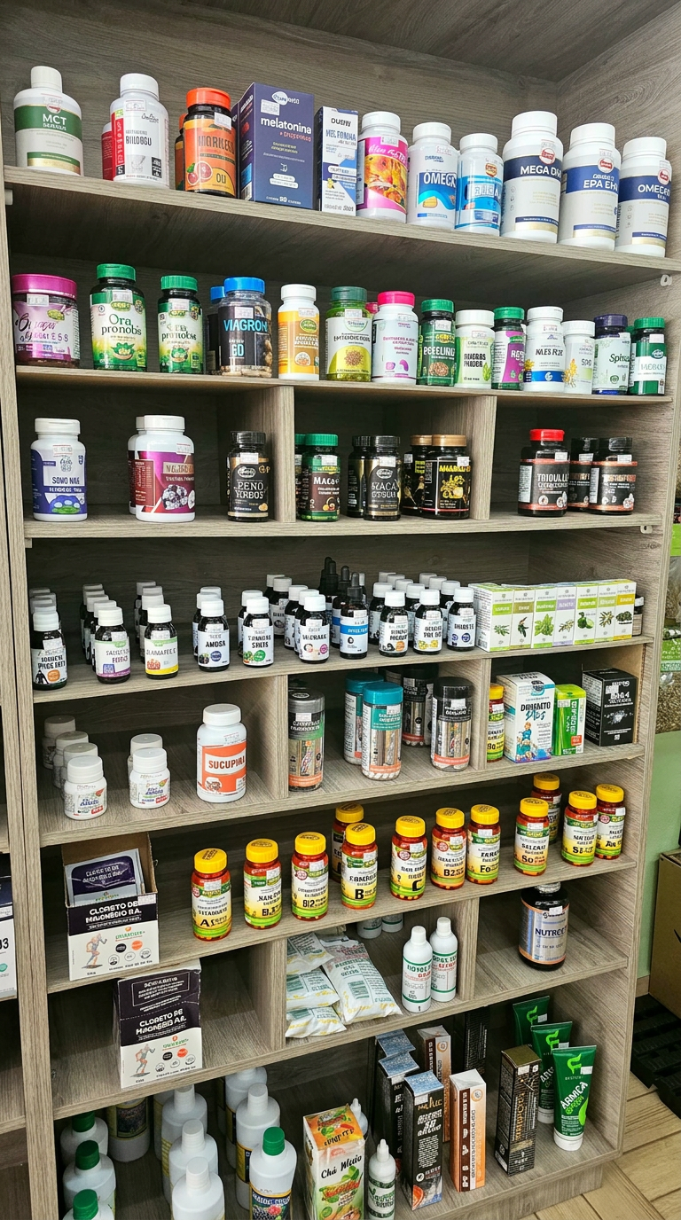 Prateleira de suplementos e vitaminas