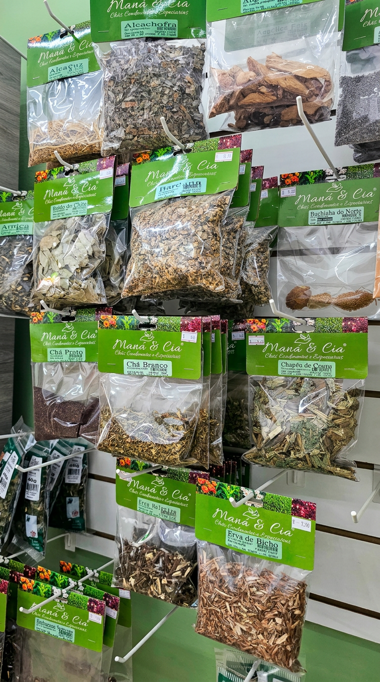 Chás e ervas em sachês na parede